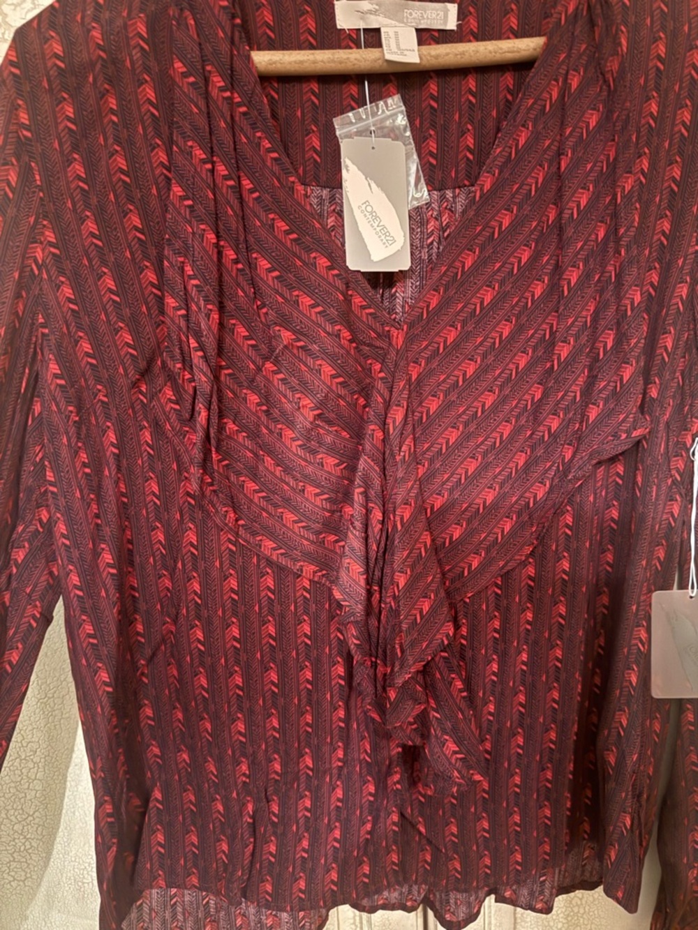 Forever 21 Black and Red Patterned Ruffle Blouse - Picture 3 of 6